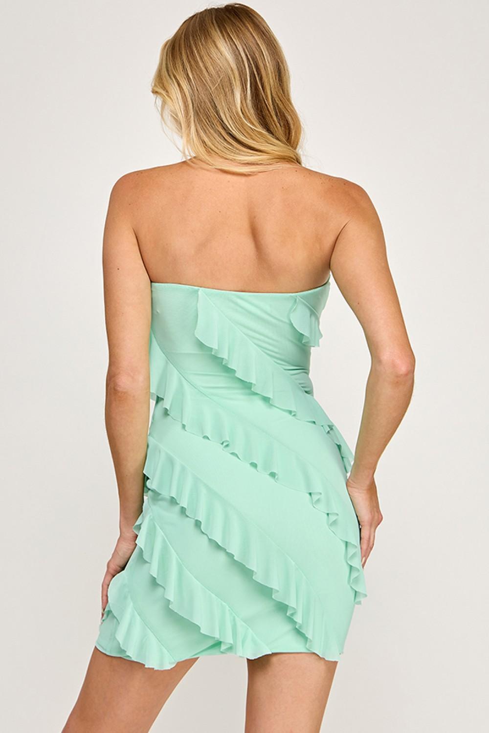 Mint Ruffle Strapless Tube Mini Dress