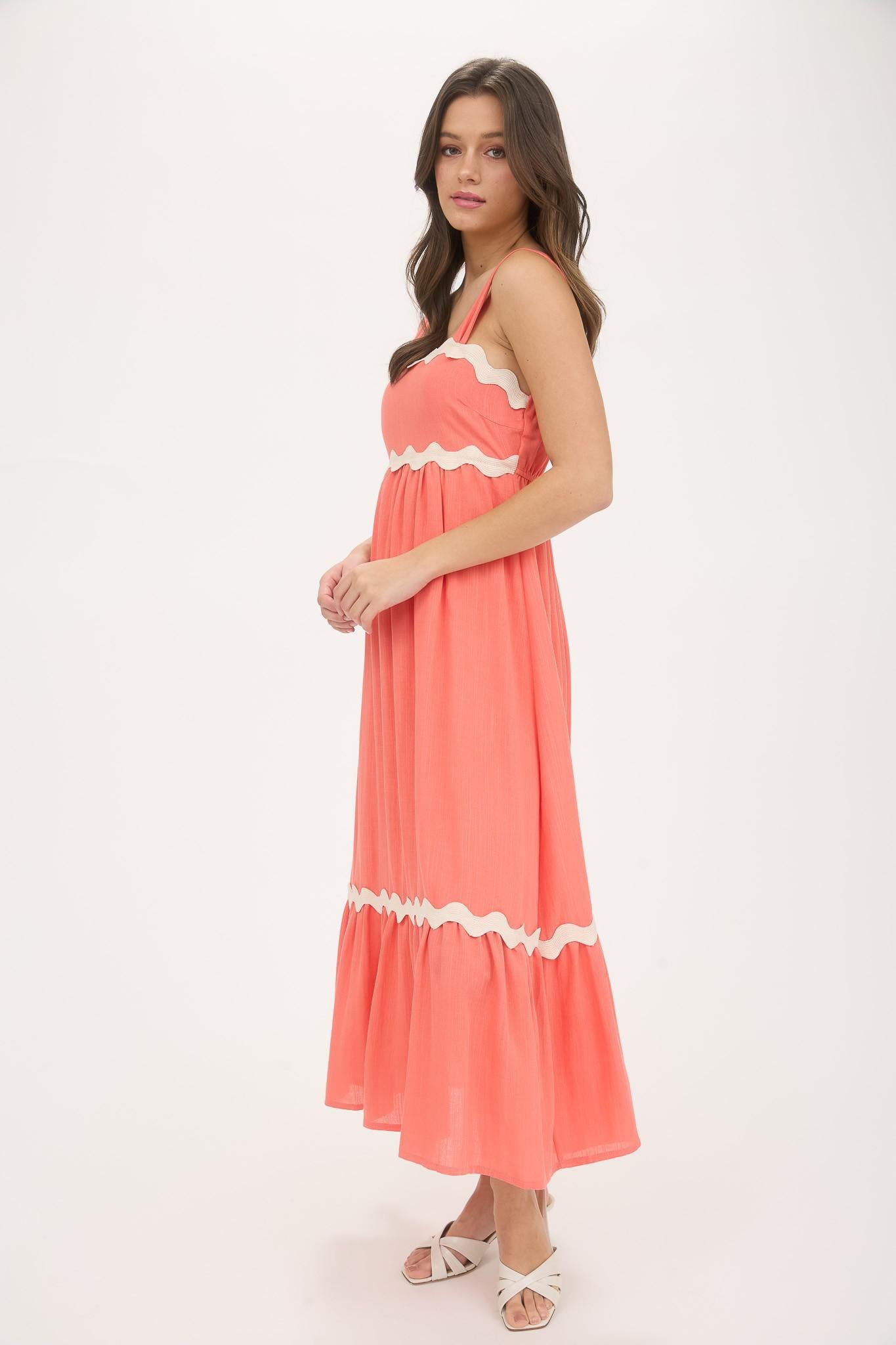 Wavy Coral Empire Waist Midi Dress