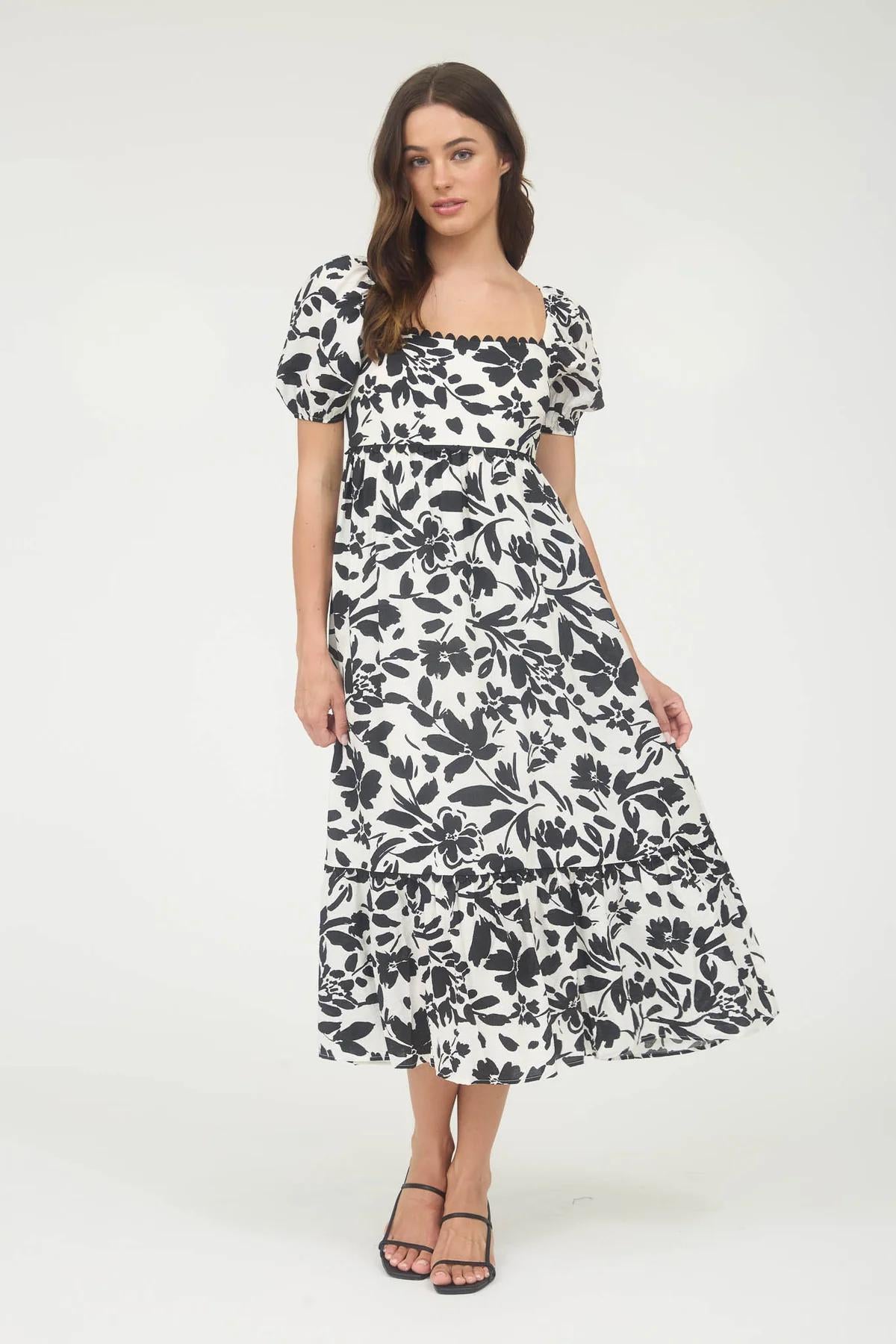 Black Floral Scallop Puff Midi Dress