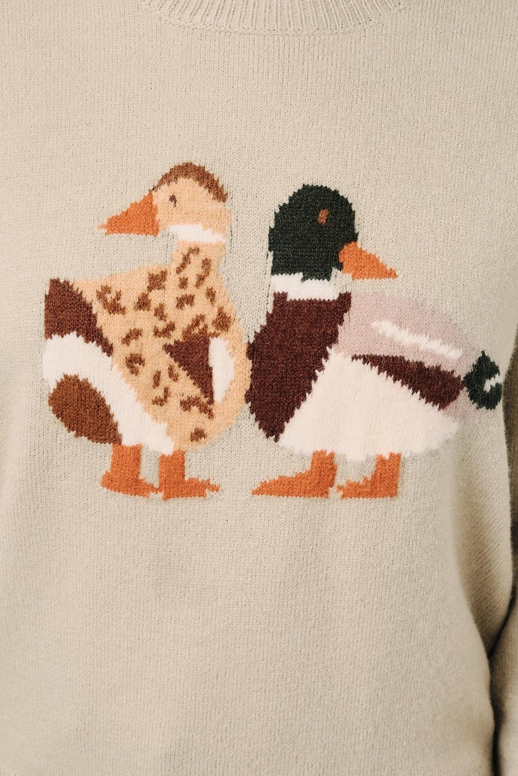 Round Neck Mallard Duck Graphic Long Sleeve Knit Sweater