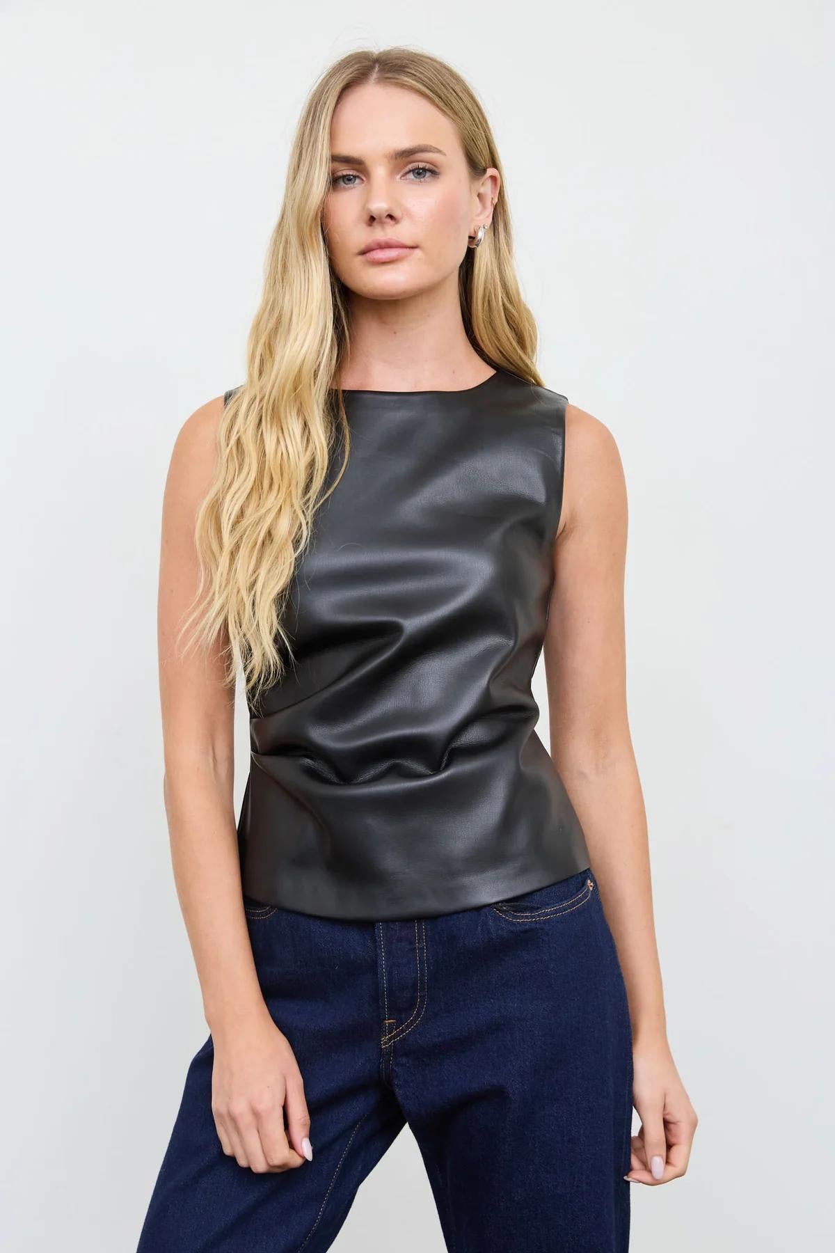 BLACK FAUX LEATHER ROUND NECK RUCHED SLEEVELESS TOP