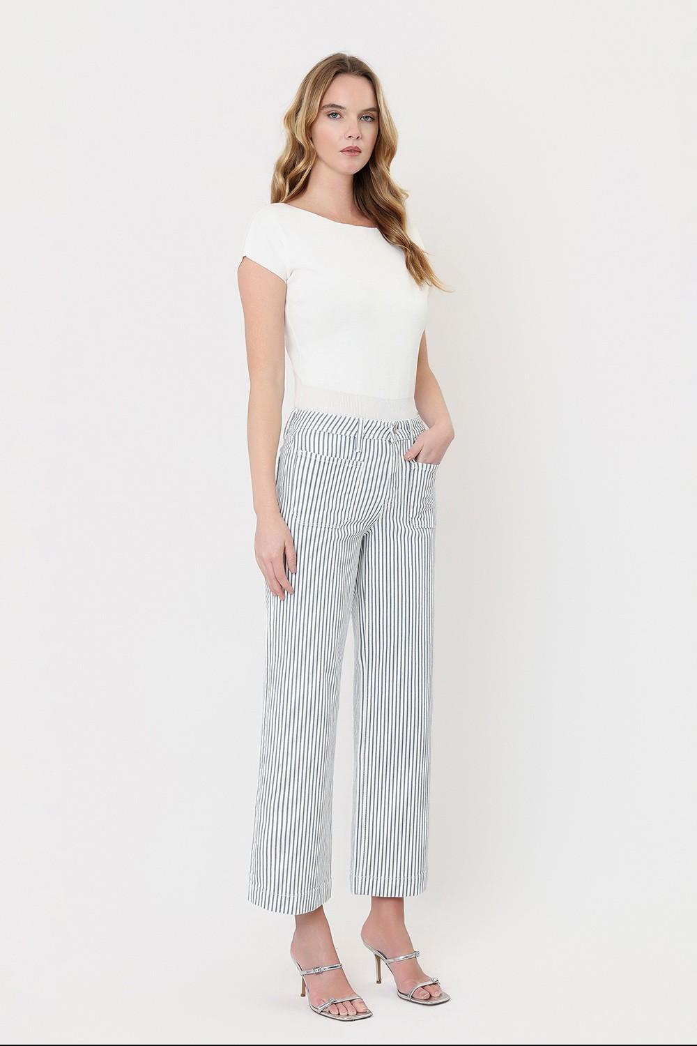 High Rise Patch Pocket Crop Striped Wide Leg Jeans