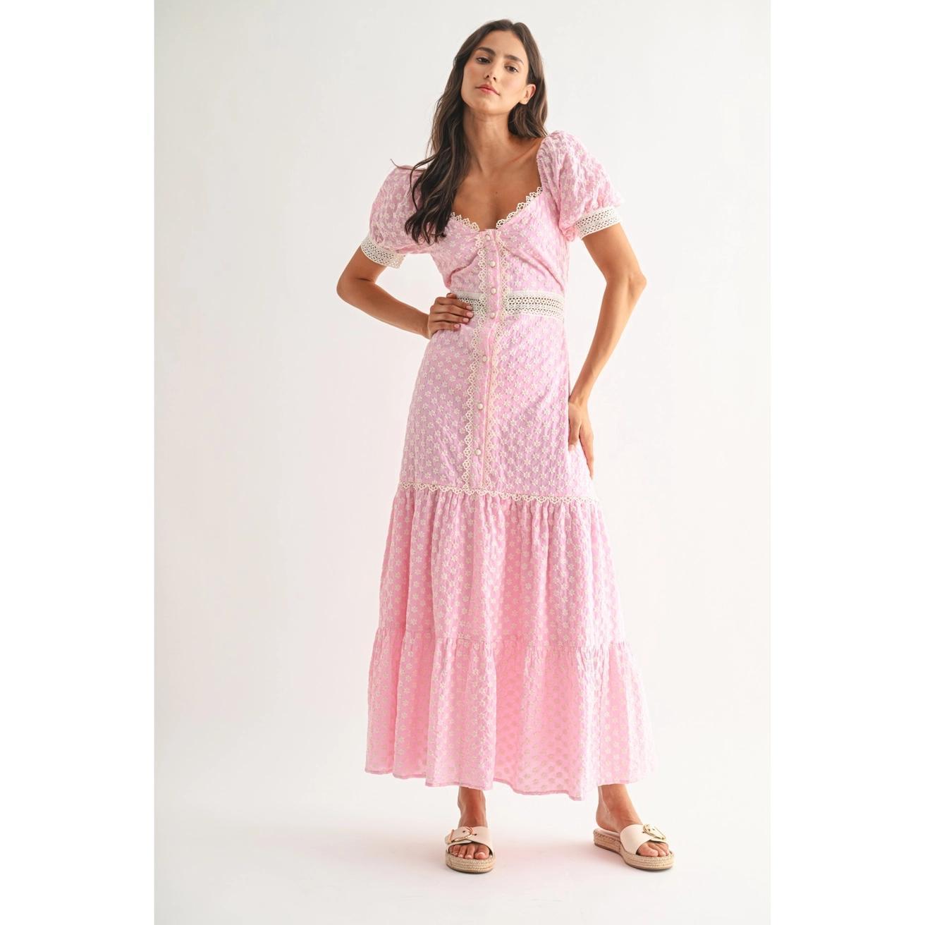 Pink Lace-Trimmed Maxi Dress