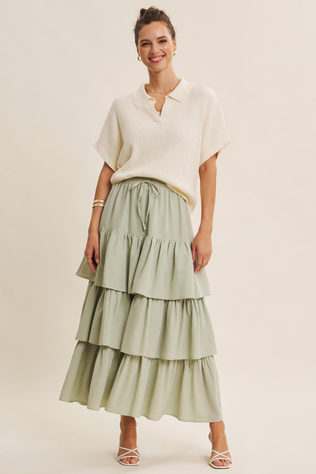 Airy Tiered Ruffle Maxi Skirt With Pockets - Sage