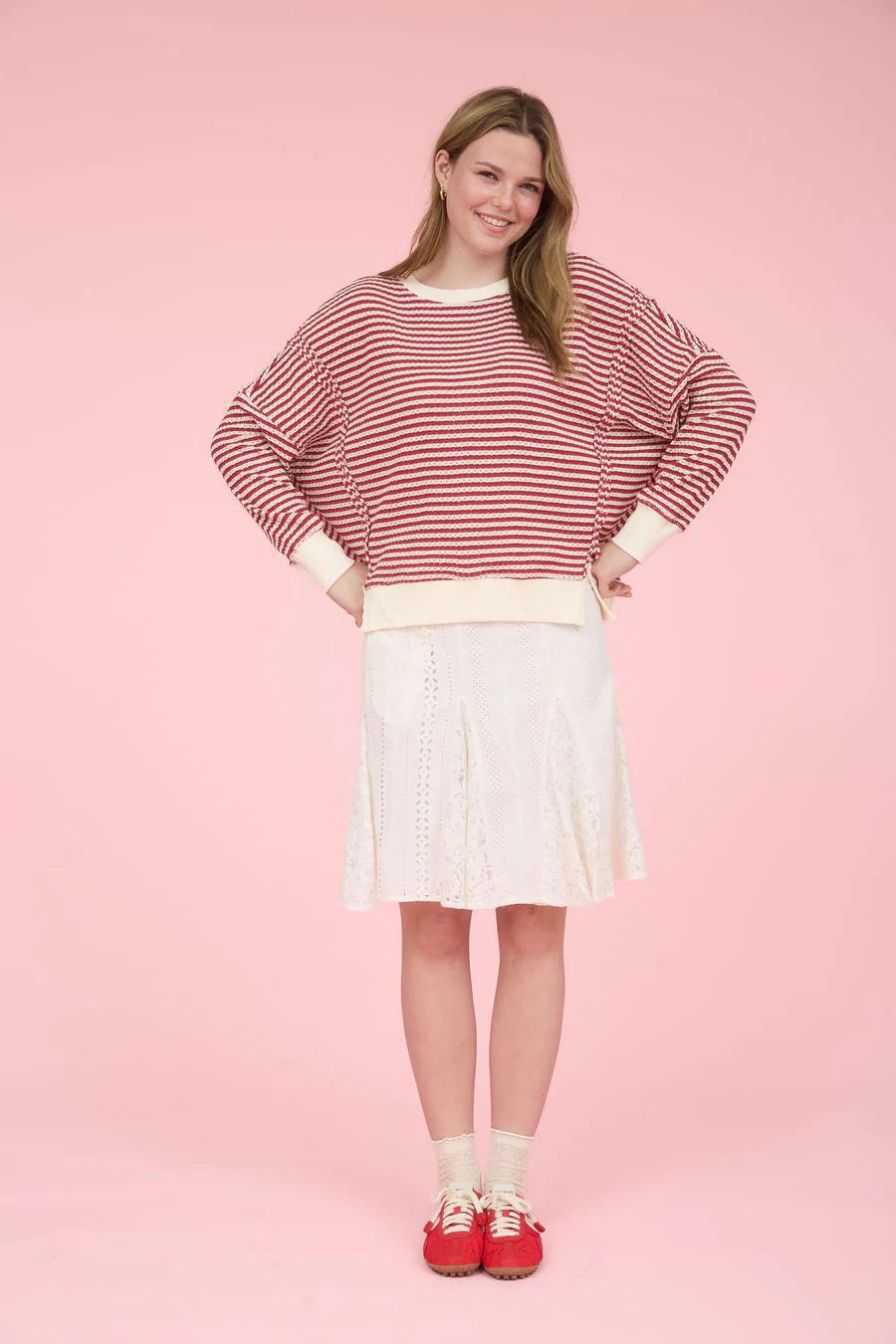 Red/Cream Striped Exposed Seam Knit Top