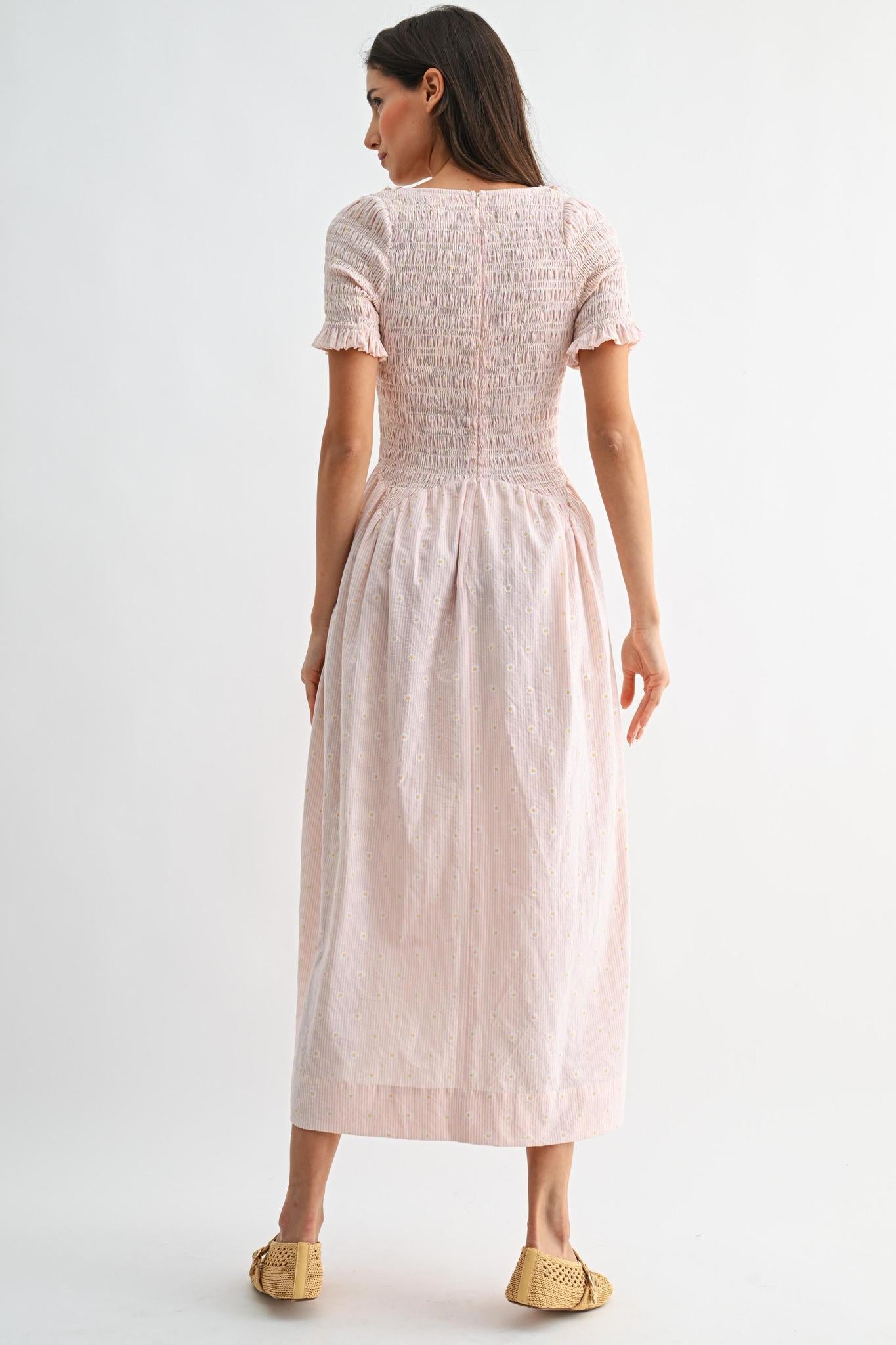 Ruffled Smocked Midi Dress Ditsy Floral Print