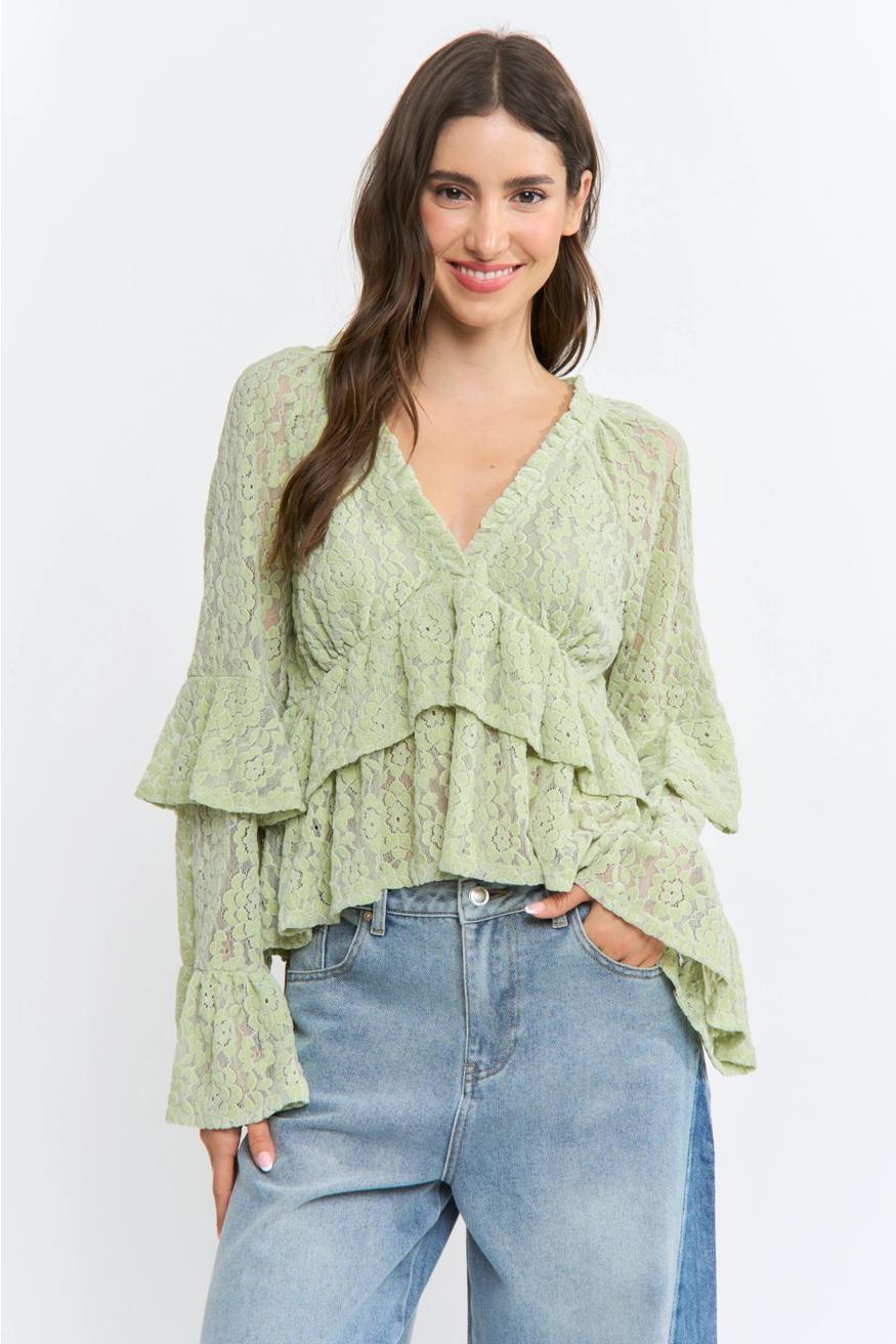 Sage Long Sleeve Lace Ruffle Blouse