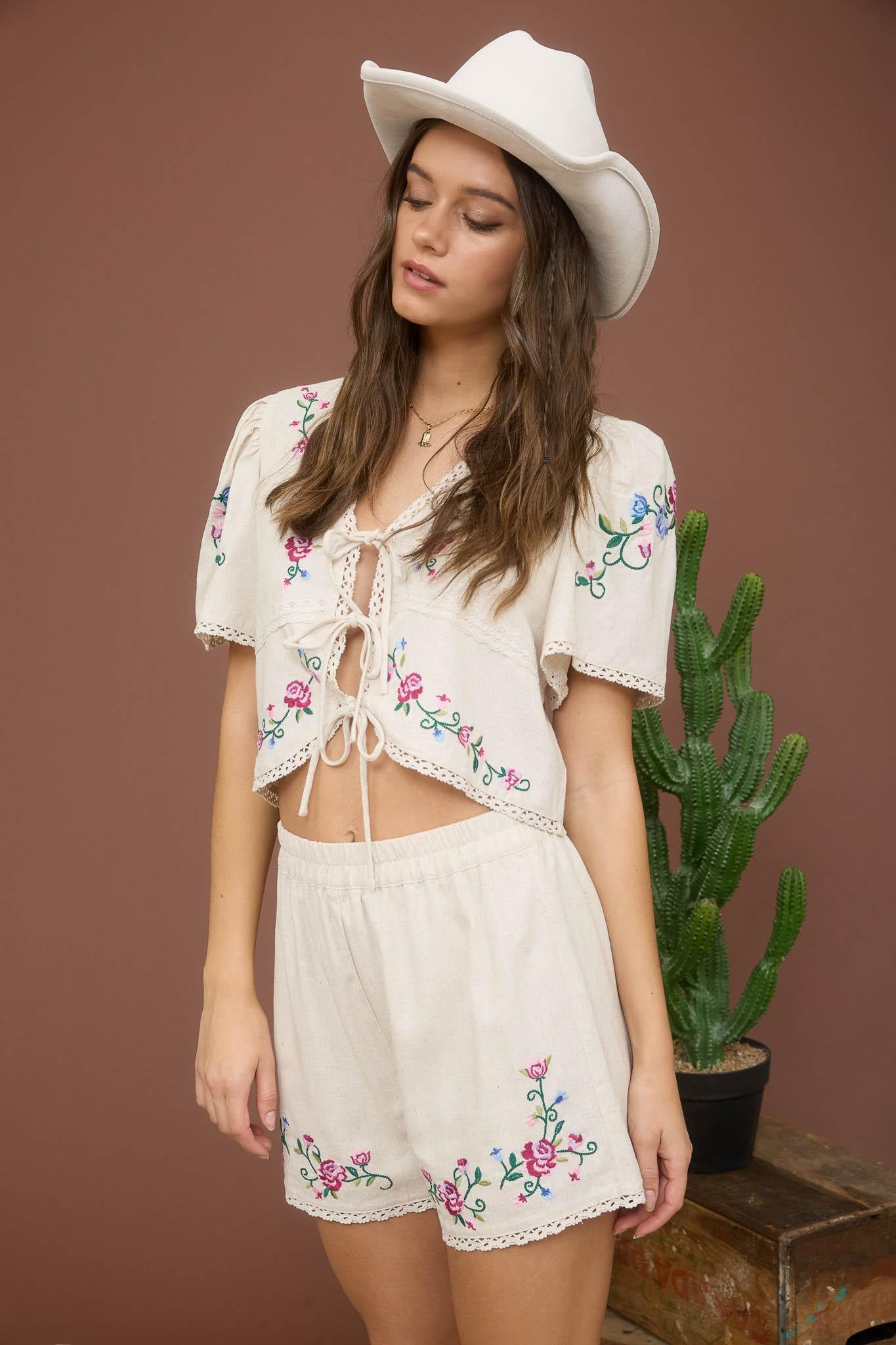 Natural Floral Embroidery Detail Shorts