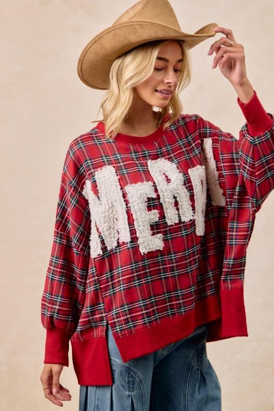 Merry Letter Patches Christmas Plaid Sweatshirt