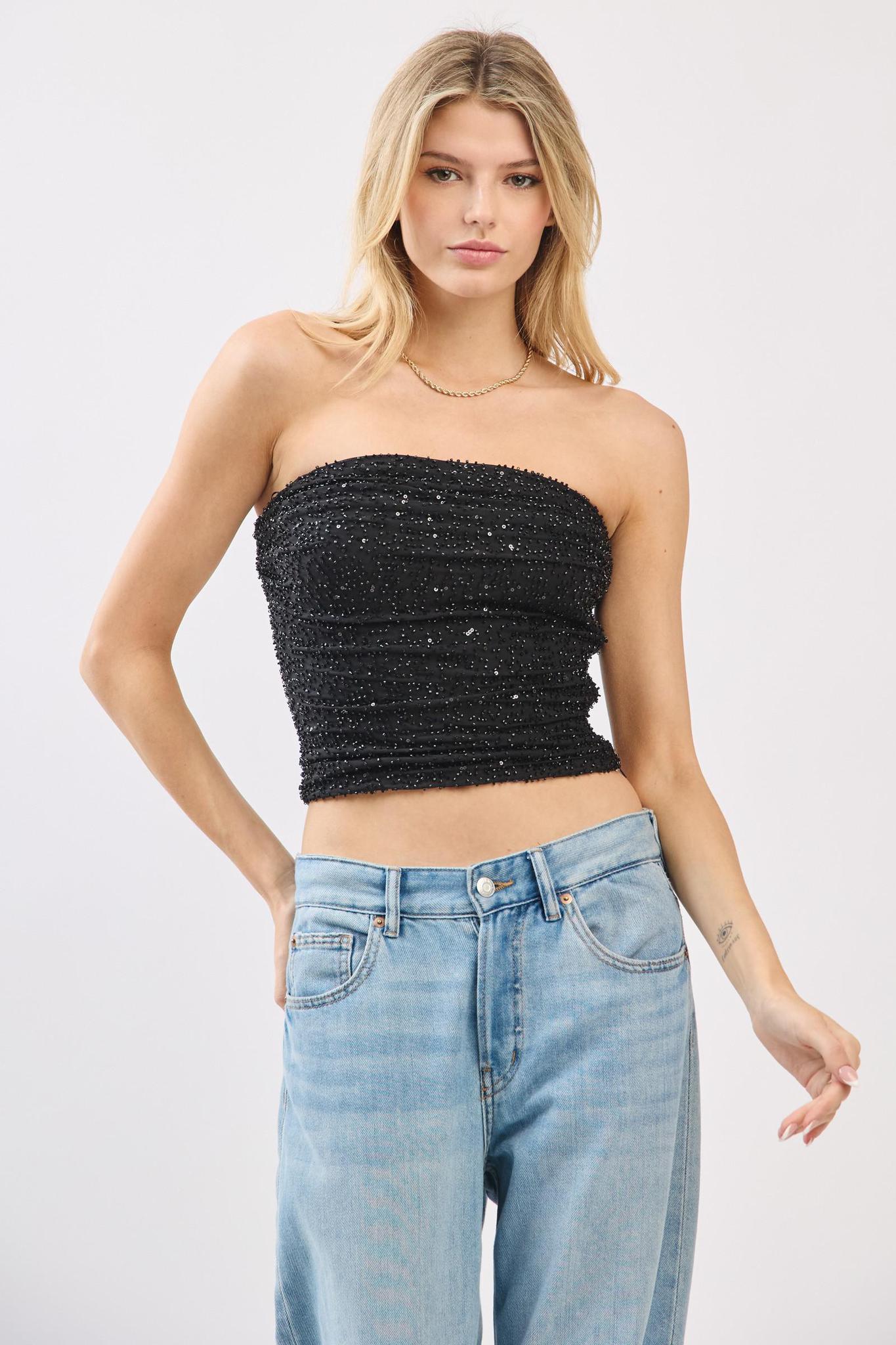 Black Power Mesh Beaded Tube Top