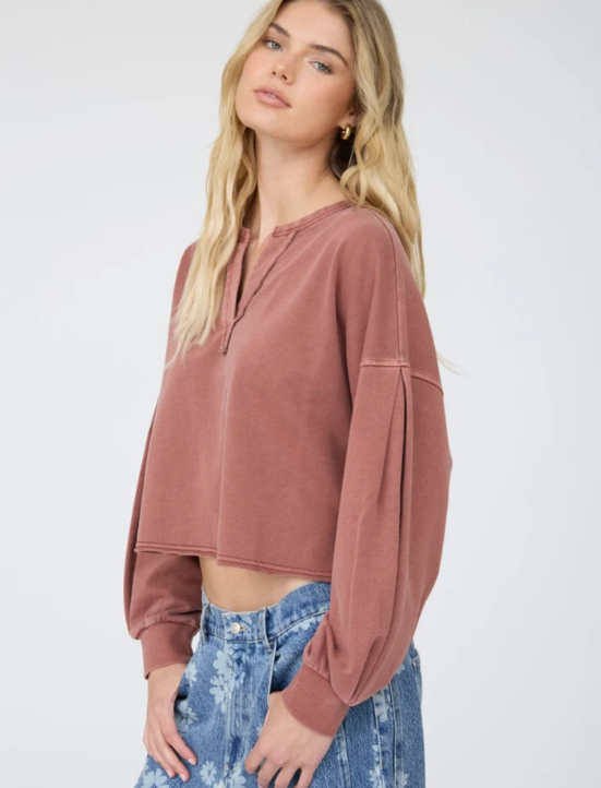 TERRACOTTA NOTCH NECK BOXY LONG SLEEVE KNIT CROP TOP