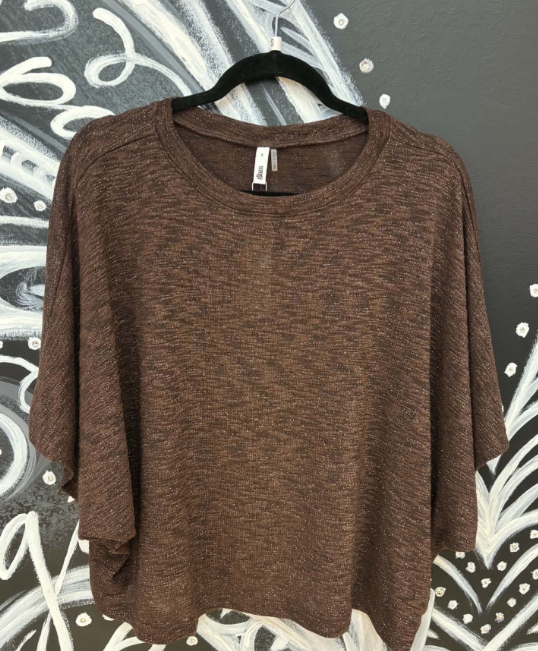 Brown Boat Neckline Wide Dolman Sleeves Top