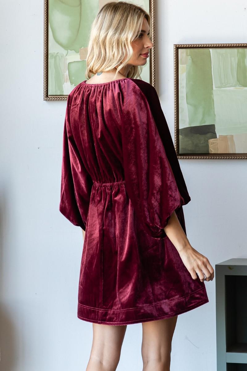 Velvet Puff Sleeve Deep V-neck Dress