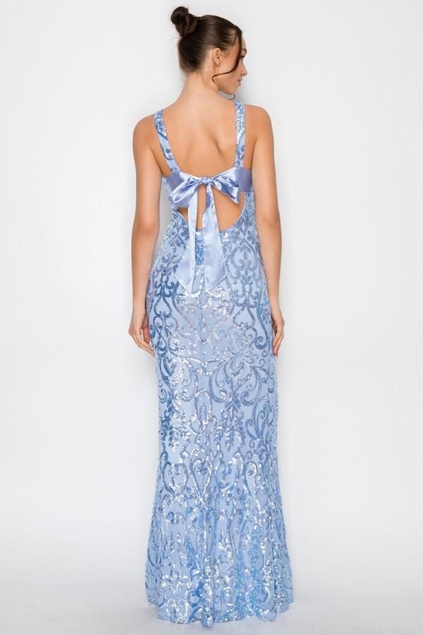 Sequin V-neck Satin Bow Maxi Dress - Blue