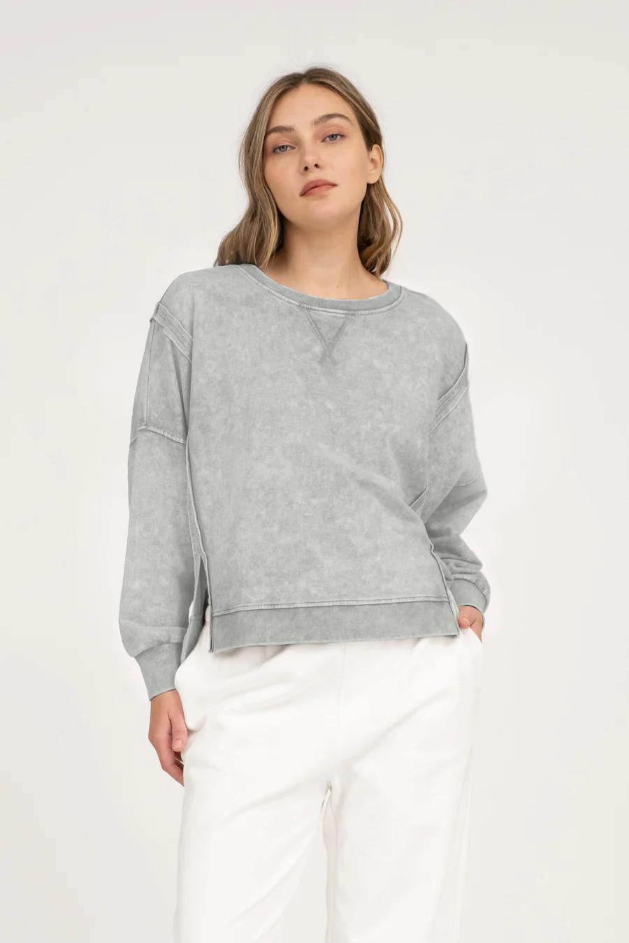 Washed Grey Extended Shoulder Knit Top