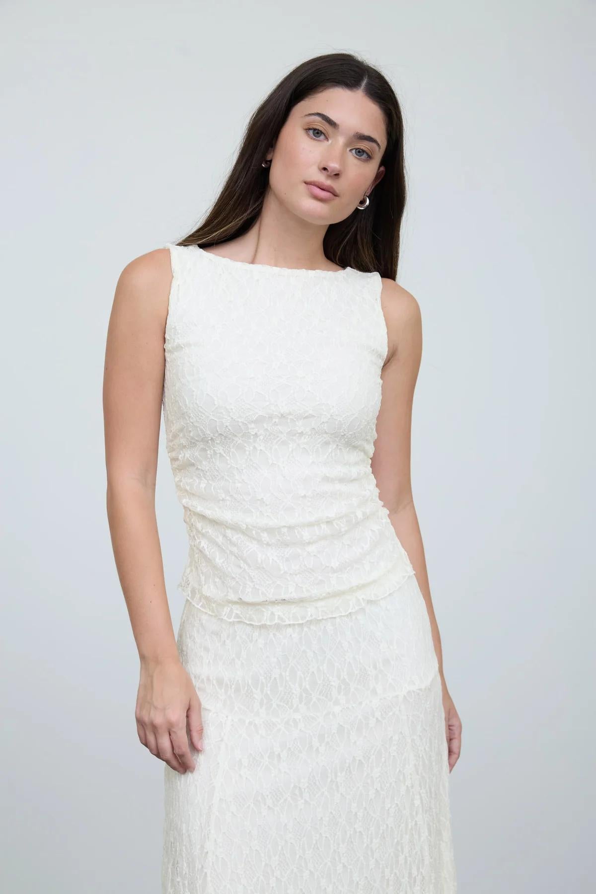 Cream Lace Boatneck Top and Midi Skirt SET