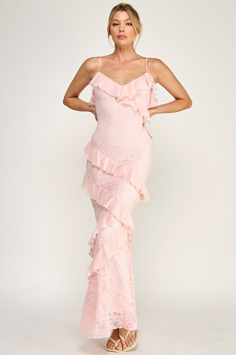 Light Pink Sleeveless Strap Open Back Ruffle Maxi Dress