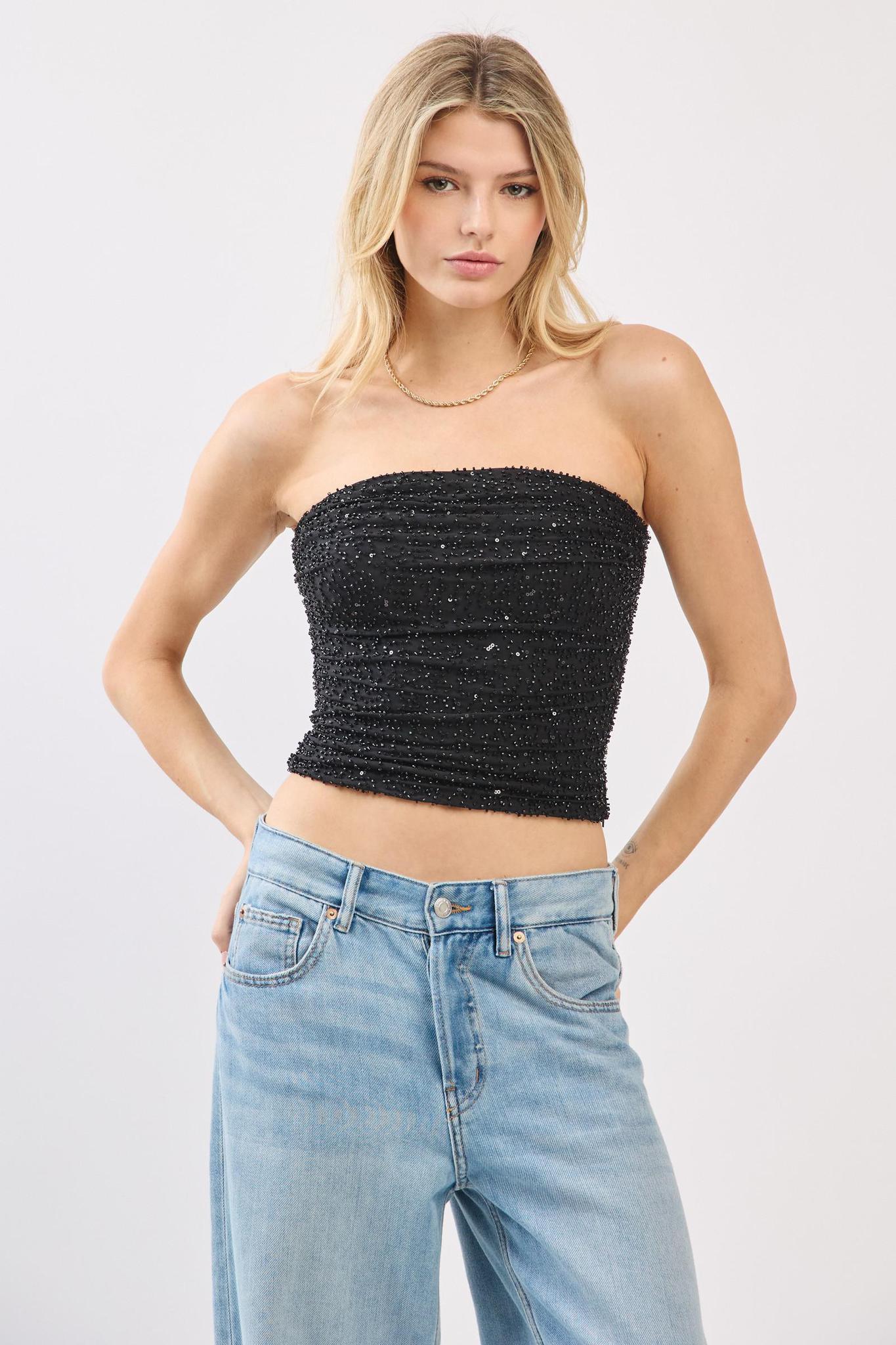 Black Power Mesh Beaded Tube Top