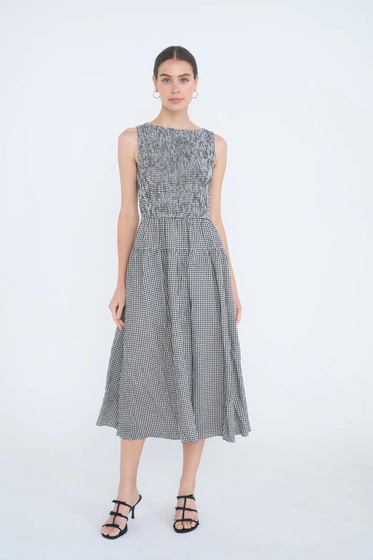 BLACK SMOCKED GINGHAM TIERED SLEEVELESS MIDI DRESS
