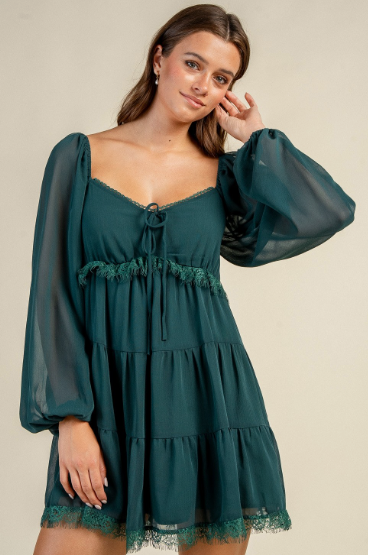 Romantic Tiered Mini Dress - Deep Jade