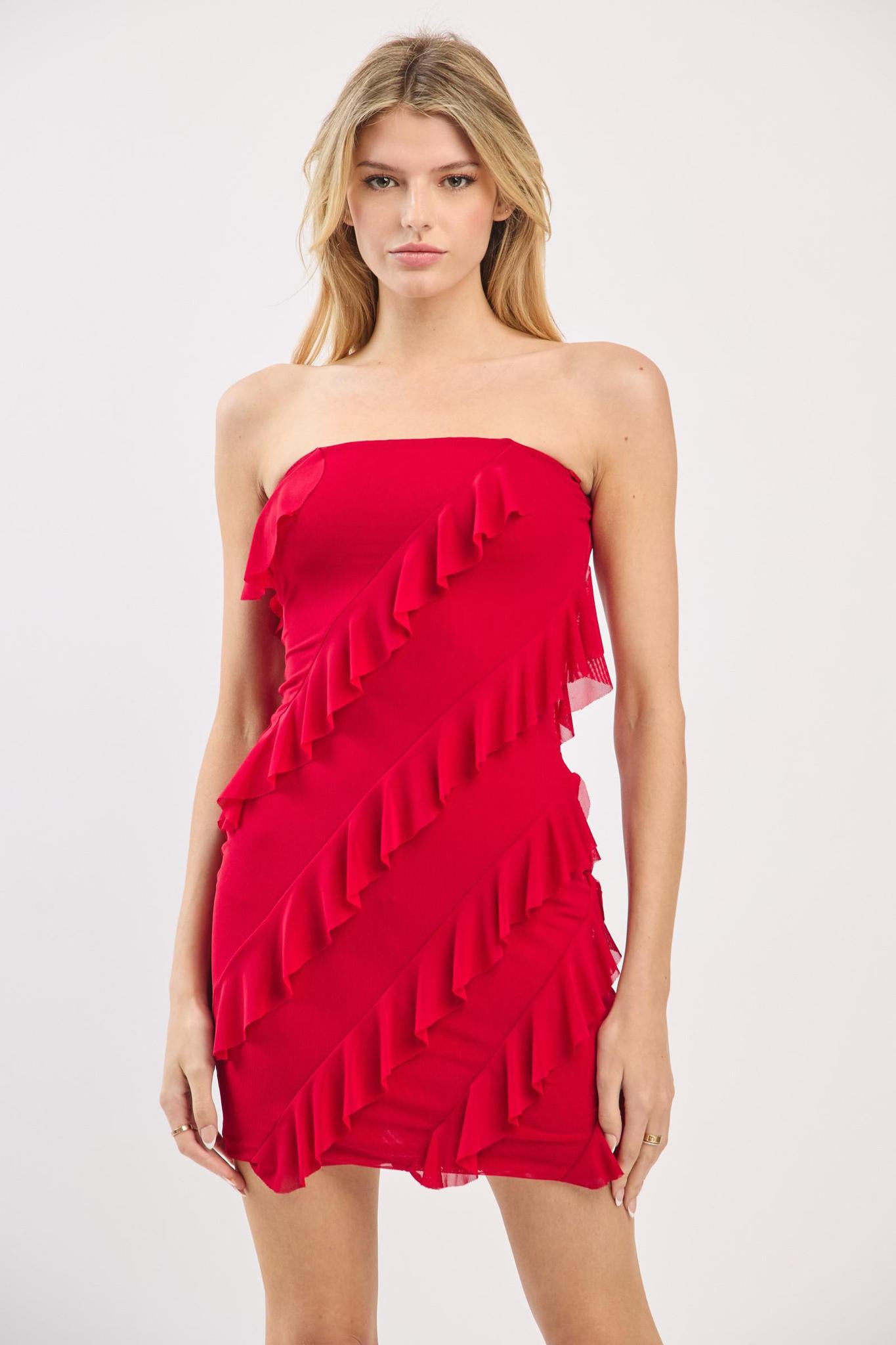 Red Ruffle Strapless Tube Mini Dress