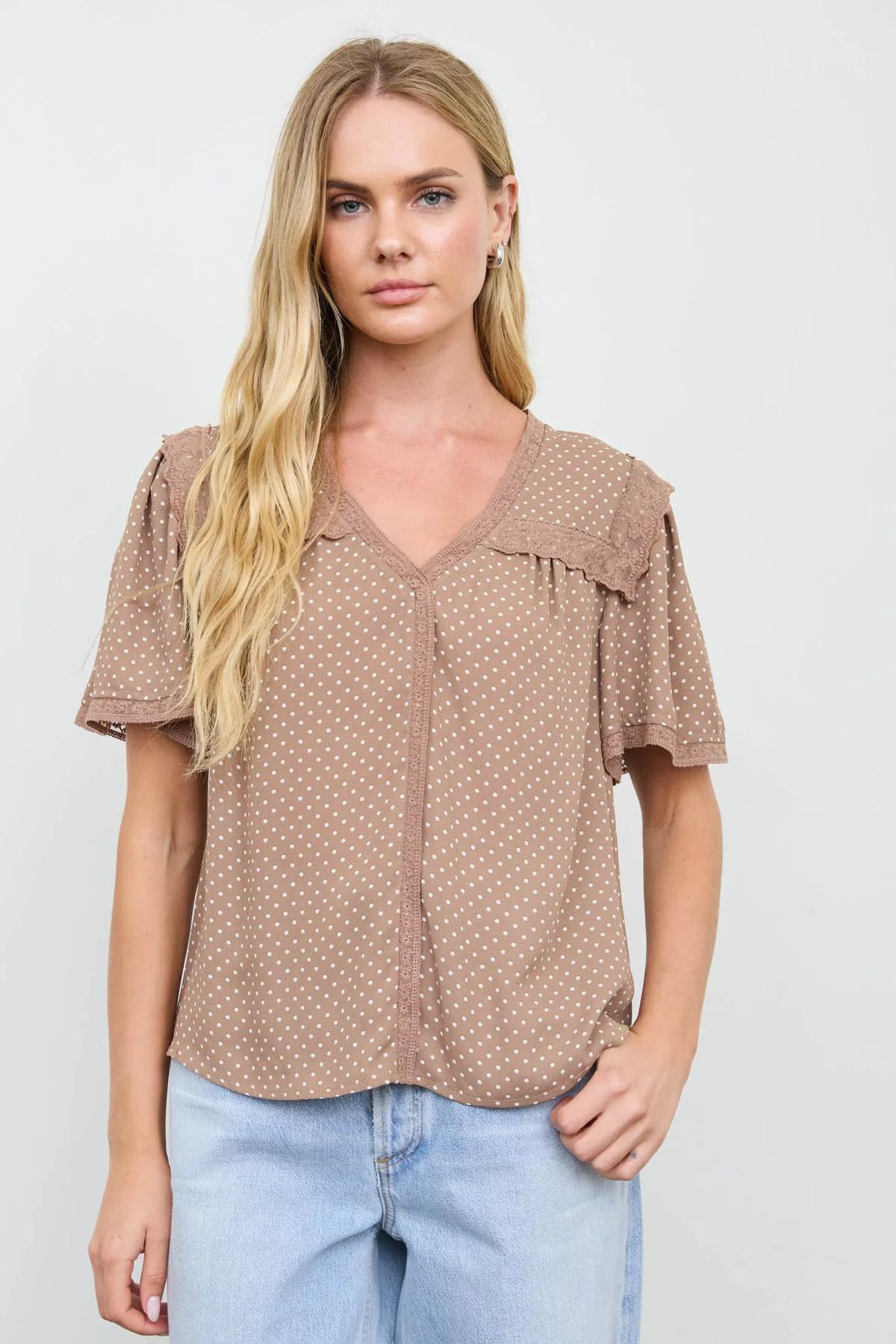 LIGHT BROWN POLKA DOT LACE SQUARE COLLAR SHORT SLEEVE BLOUSE