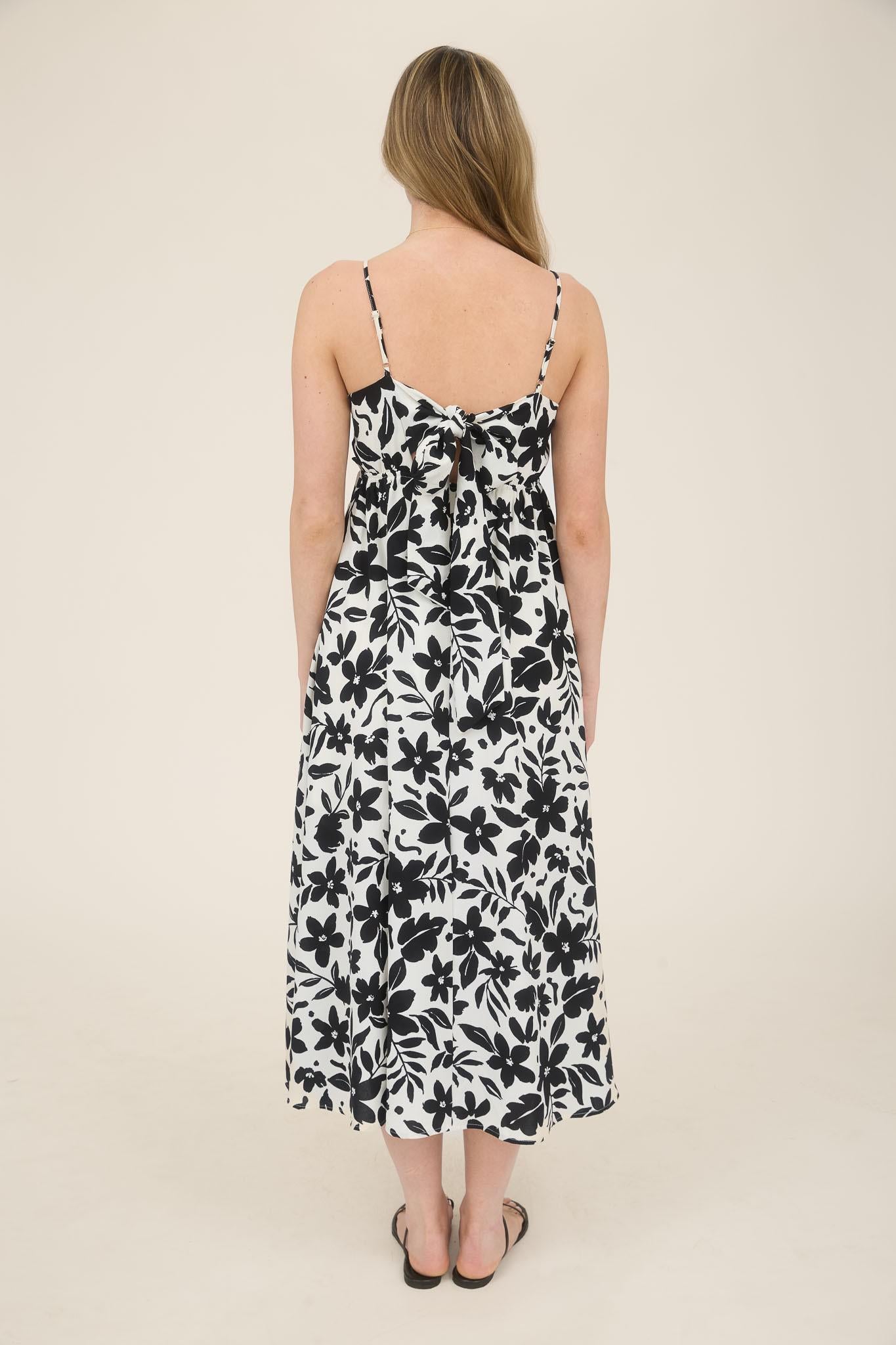 Black Floral Wavy Trim Tie Midi Dress