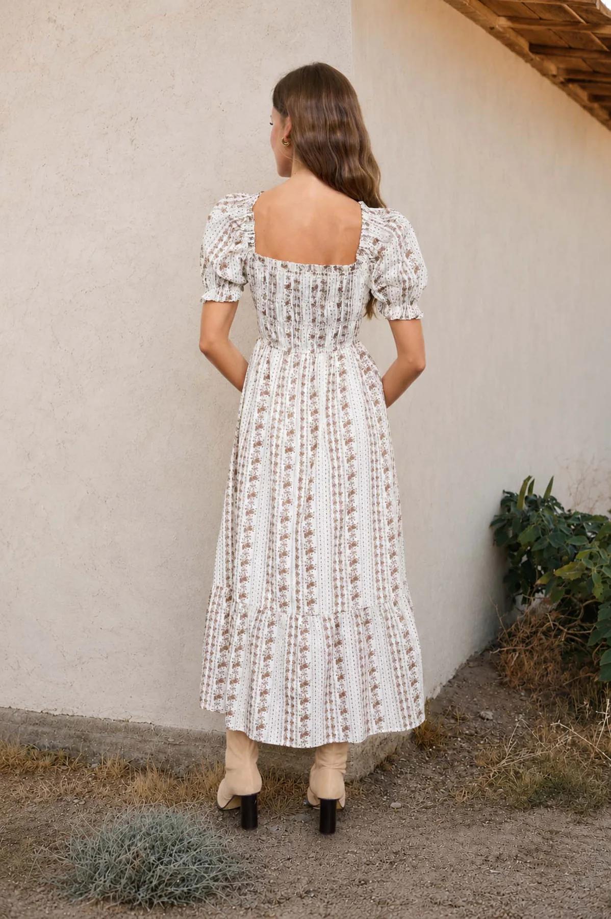 BROWN FLORAL STRIPE PUFF SLEEVE RUFFLED MIDI DRESS