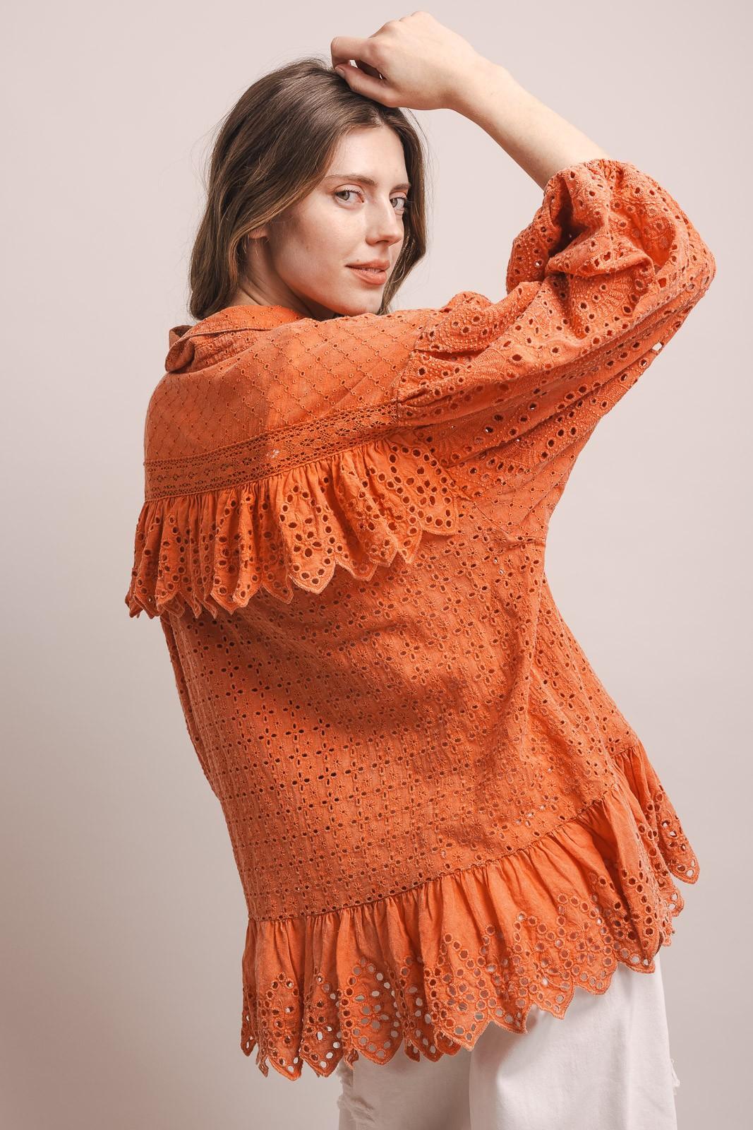 Coral 3/4 Sleeve Balloon Sleeve Eyelet Ruffle Blouse