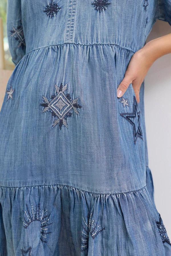 Prairie Hymn Embroidered Dress in Dusty Blue