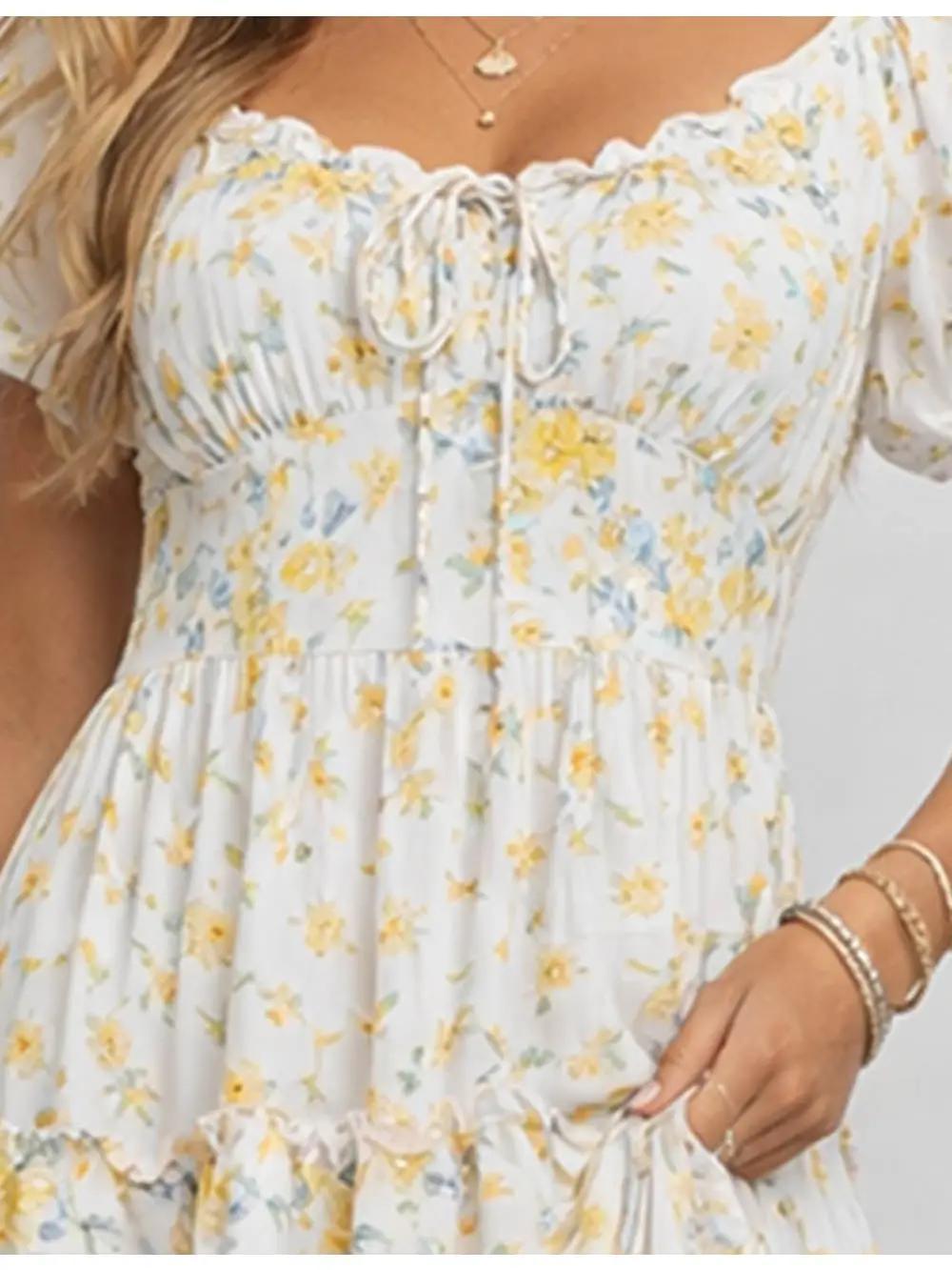 Floral Print Sweetheart Neck Puff Sleeves Maxi Dress