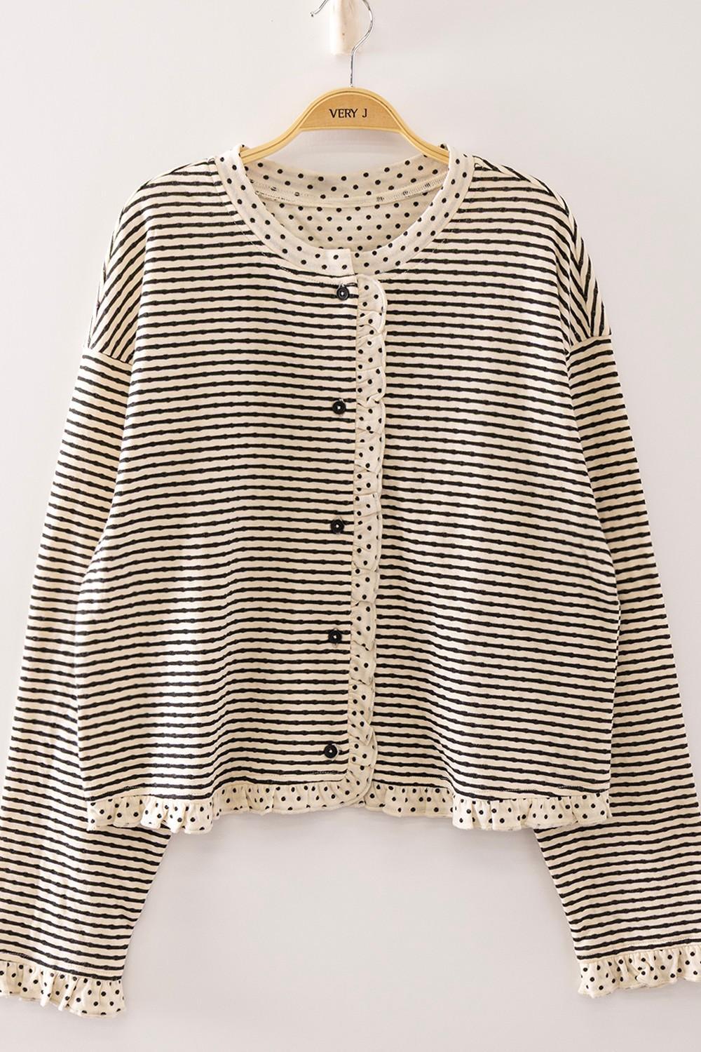 Polka Dot Trim Stripe Button-up Cardigan - Cream/Black