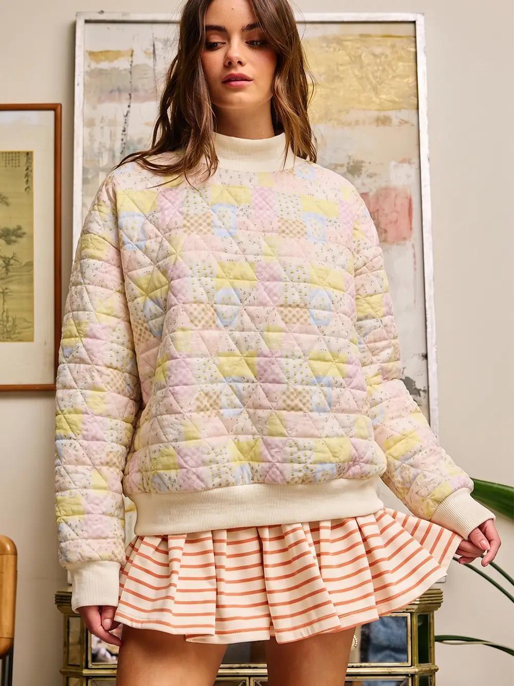 Quilted Pastel Patchwork Mock Neck Pullover