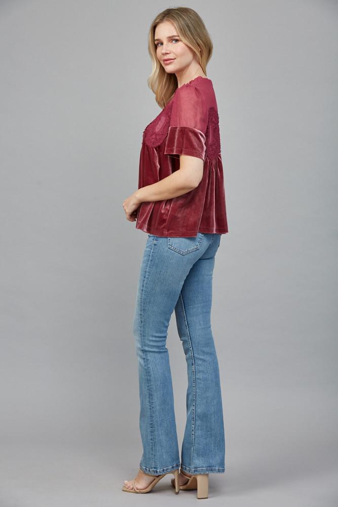 Lace Detail Velvet Babydoll Top