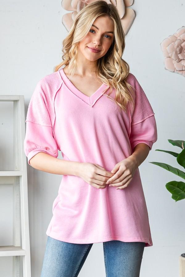 Blush Short Sleeve V Neck Solid Top