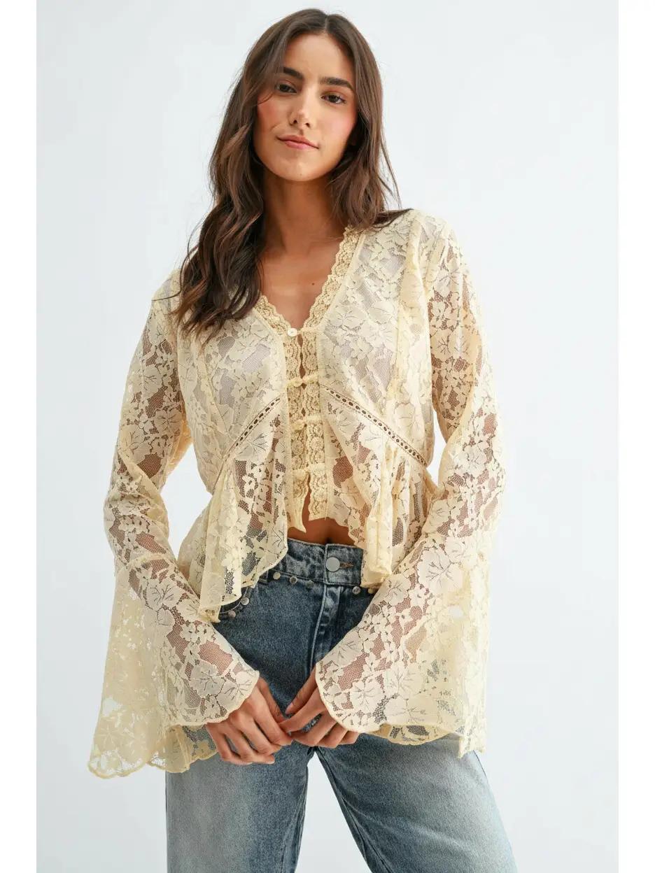 Lace Button-Down Blouse with Flared Sleeves