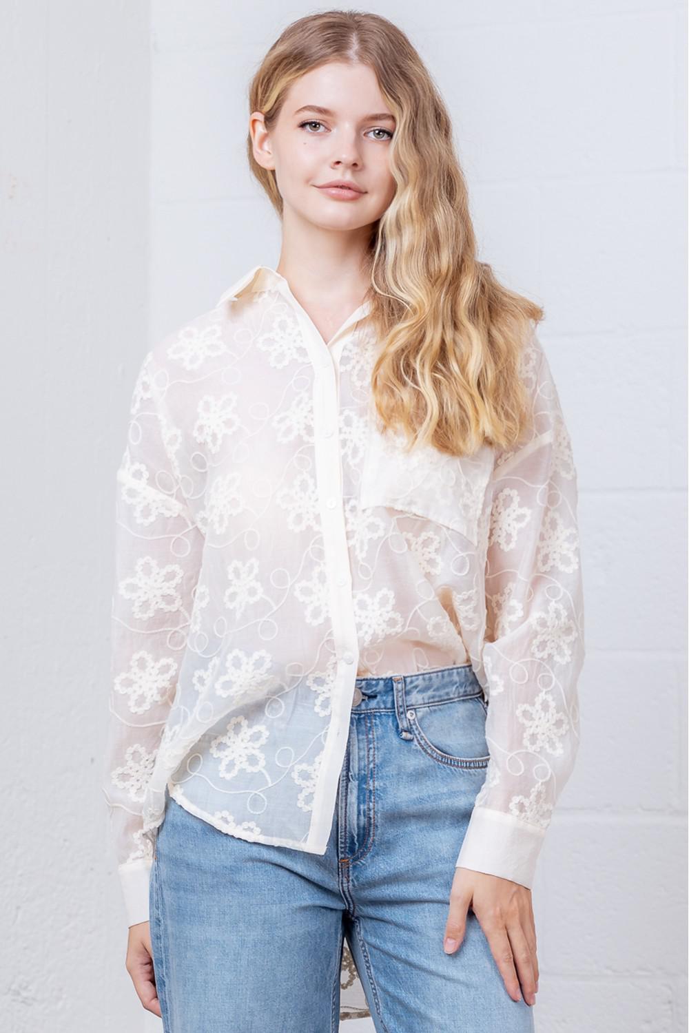 Cream Floral Embroidery Button Down Top