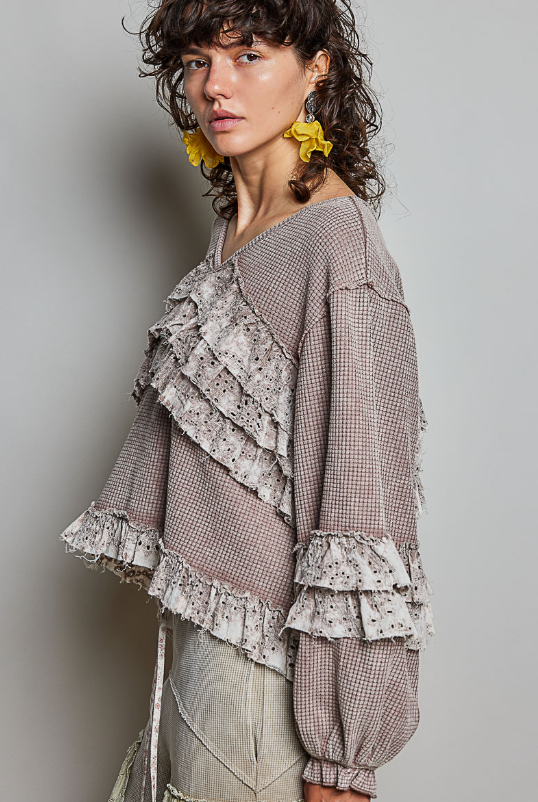 Vintage Washed Relaxed Thermal Ruffle Balloon Sleeve Top