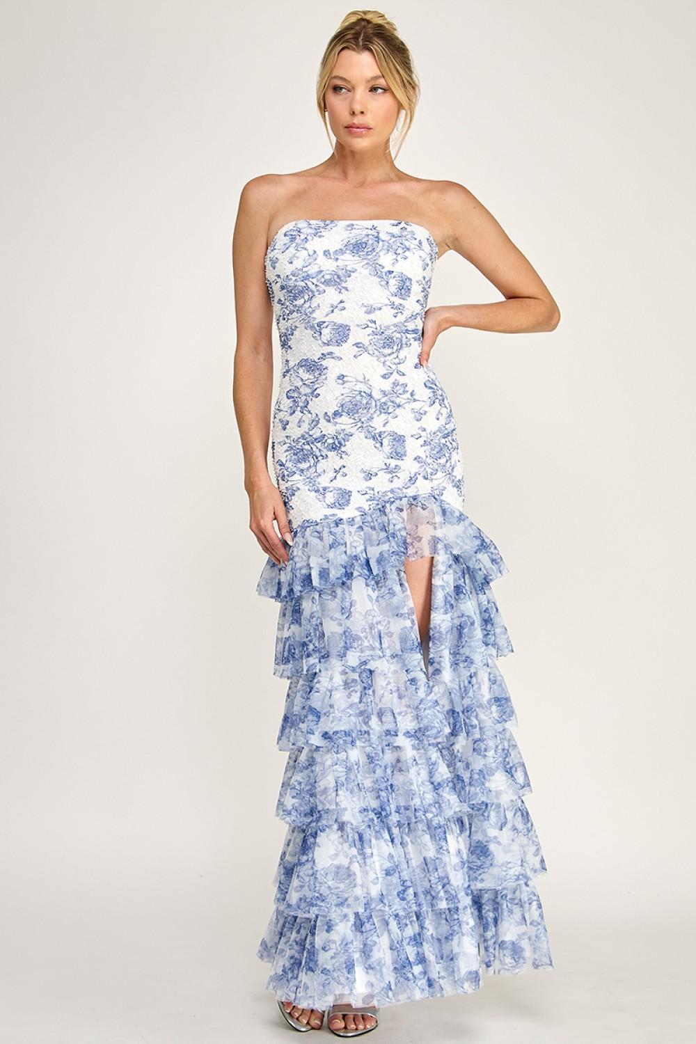LACE BEADS FLORAL STRAPLESS FLOWY CHIFFON DRESS