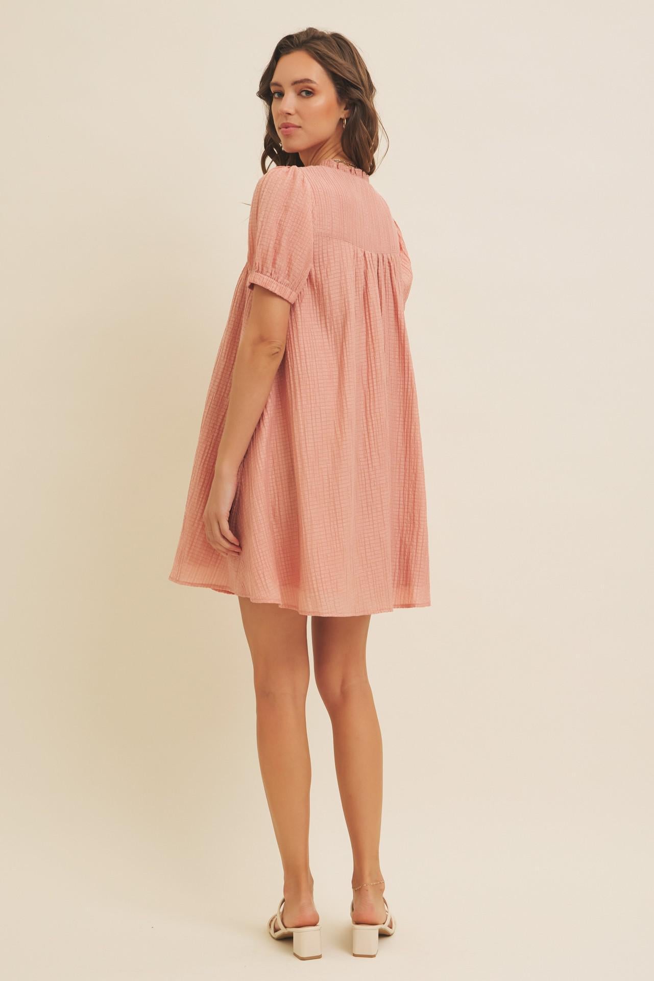 Textured Babydoll Mini Dress With Front Bow