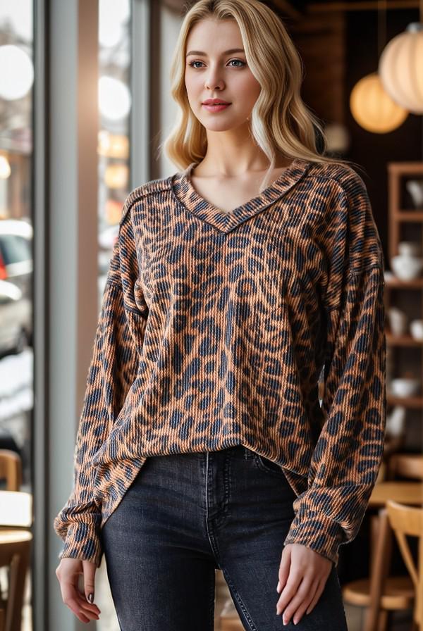 Puff Sleeve V Neck Animal Top