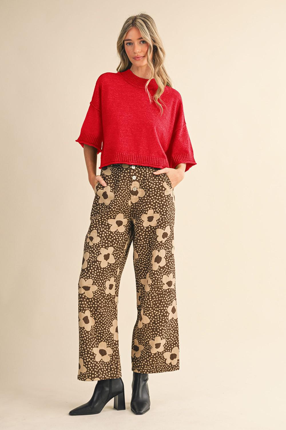 Marled Knit Mock Neck Short Sleeve Sweater