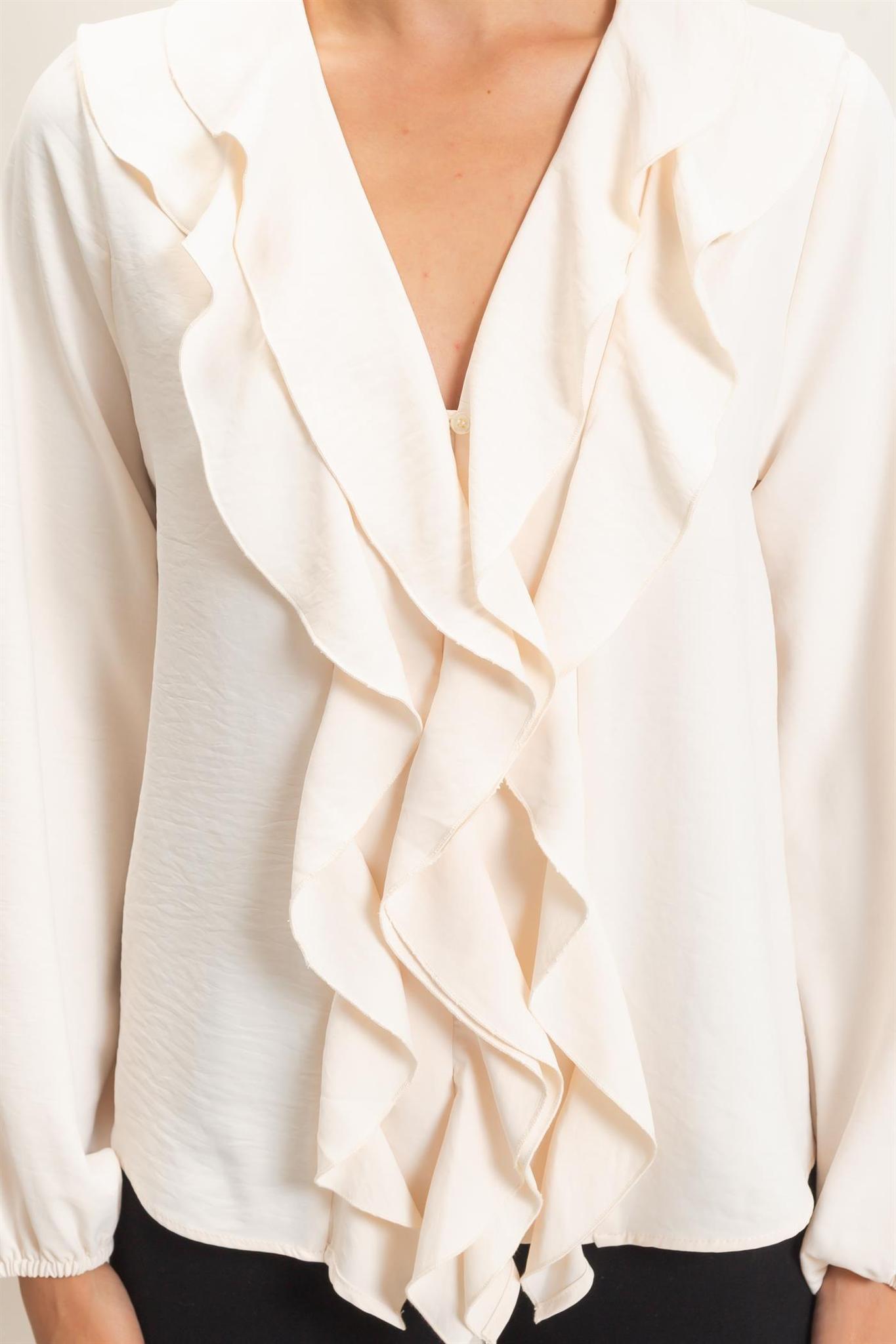 Alpaca Ruffled V-neck Button-up Blouse
