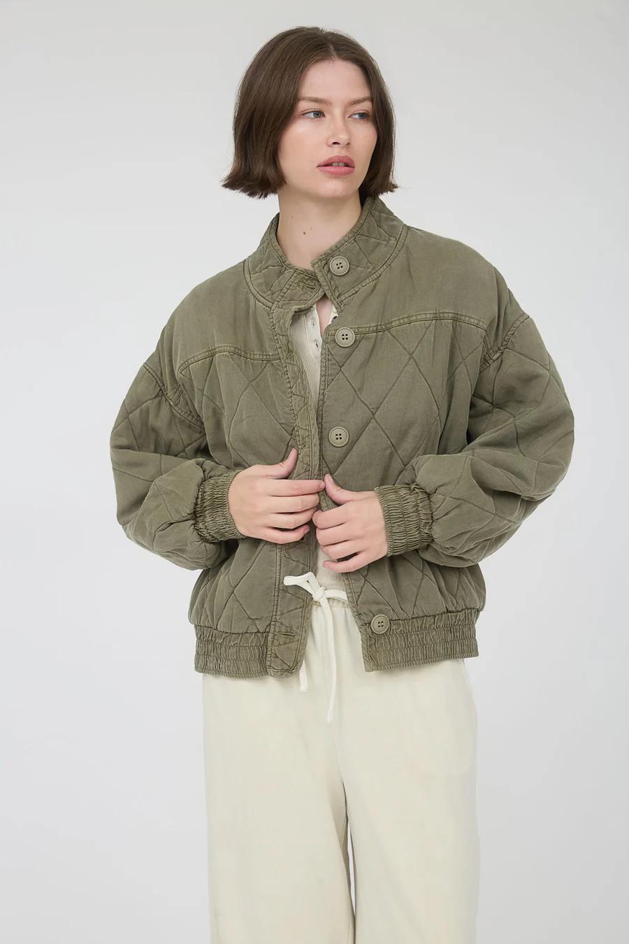 Olive Washed Quilted Button-Down Jacket