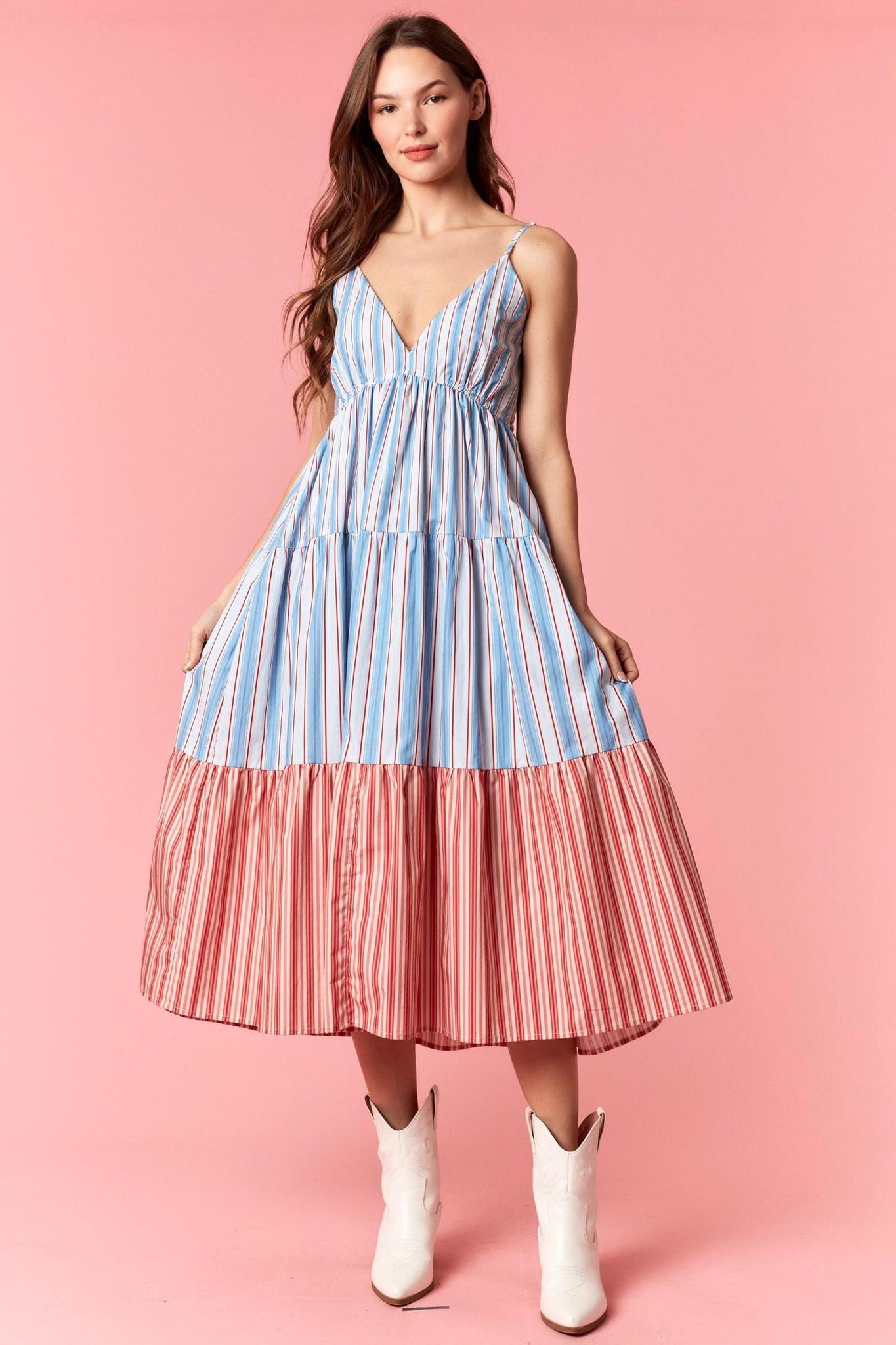Multi Stripe Color Block Front Bow Tie Dress