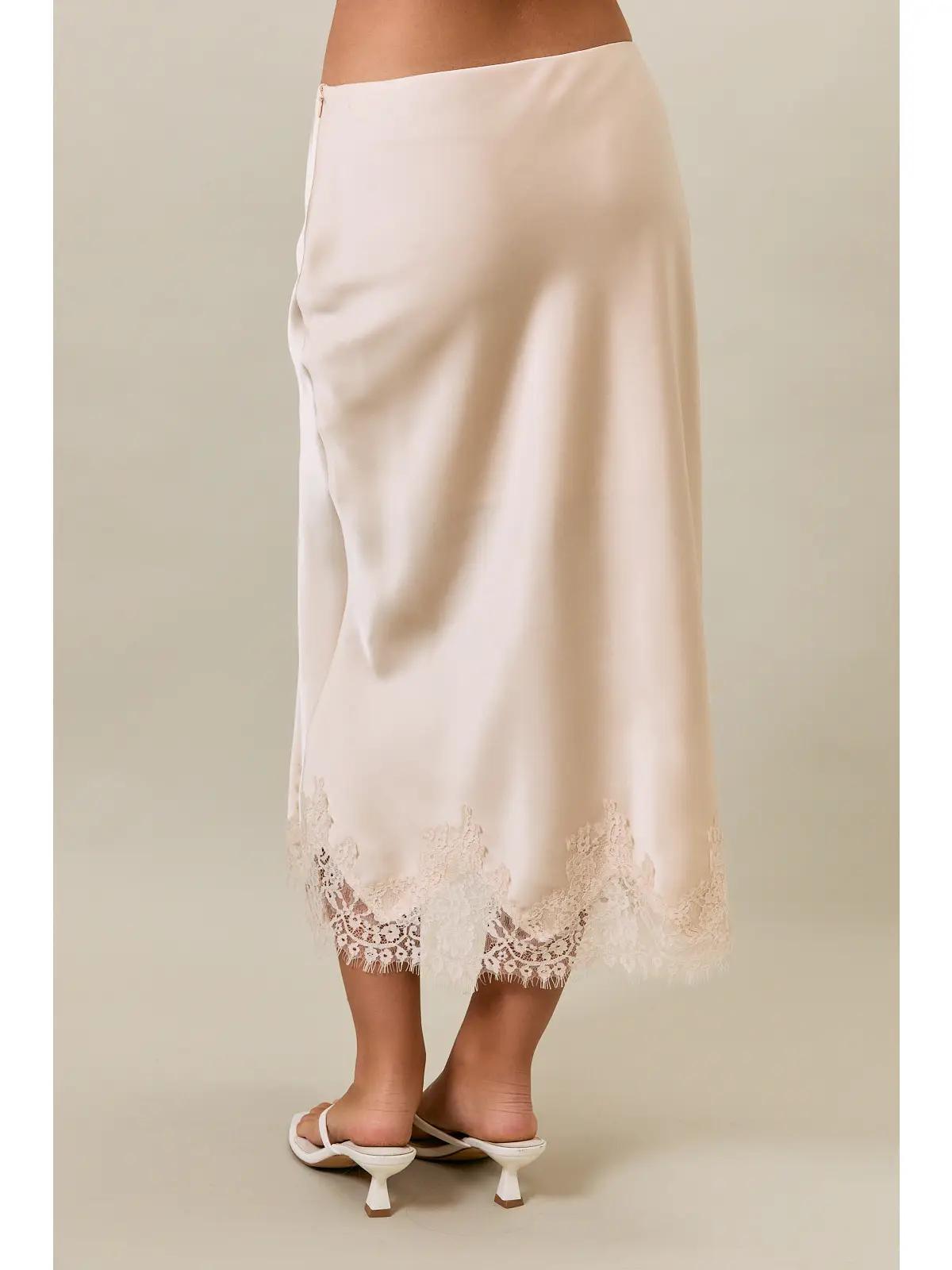 Cream Lace Trim Bias Cut Midi Skirt