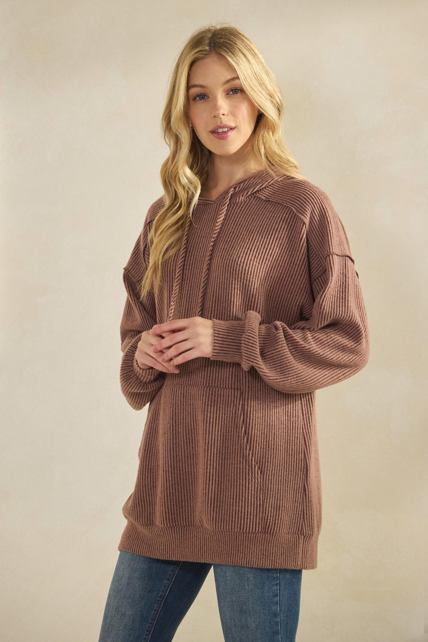 Red Brown Brushed Urban Rib Hoodie Top