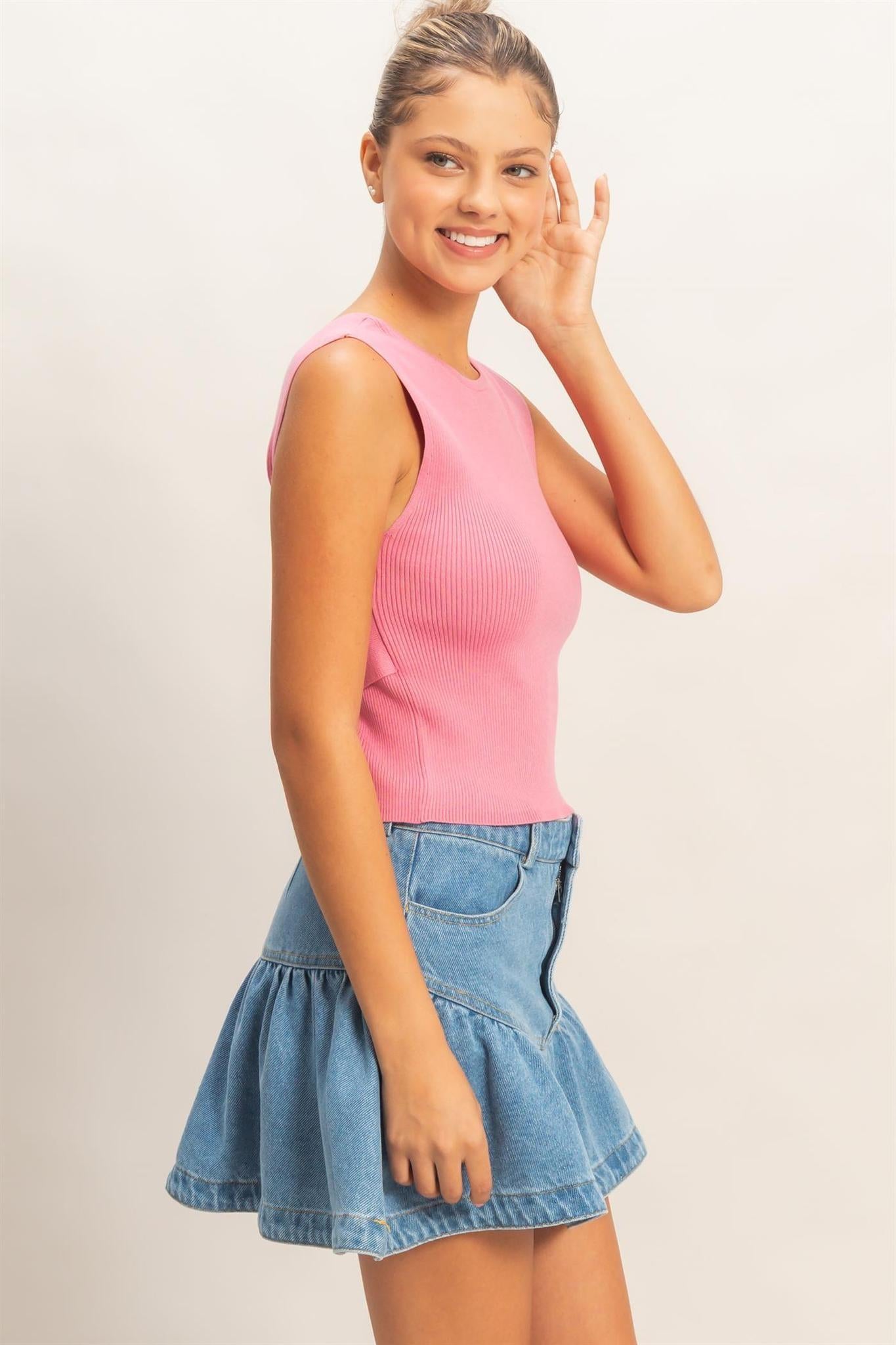 Ribbed Crew Neck Sleeveless Open Back Top