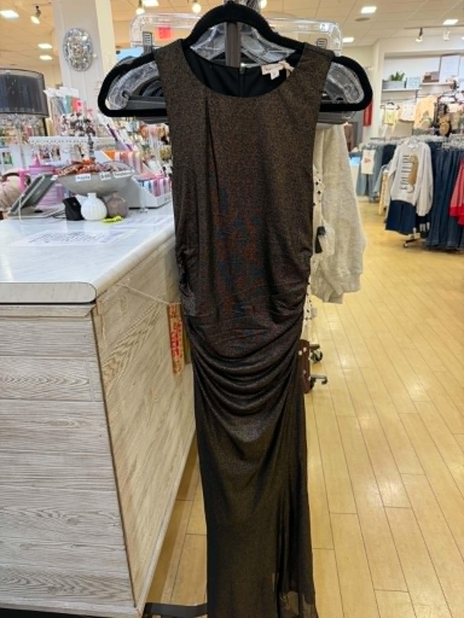 High-Neck Asymmetrical Hem Fog Foil Dress - Black/Gold