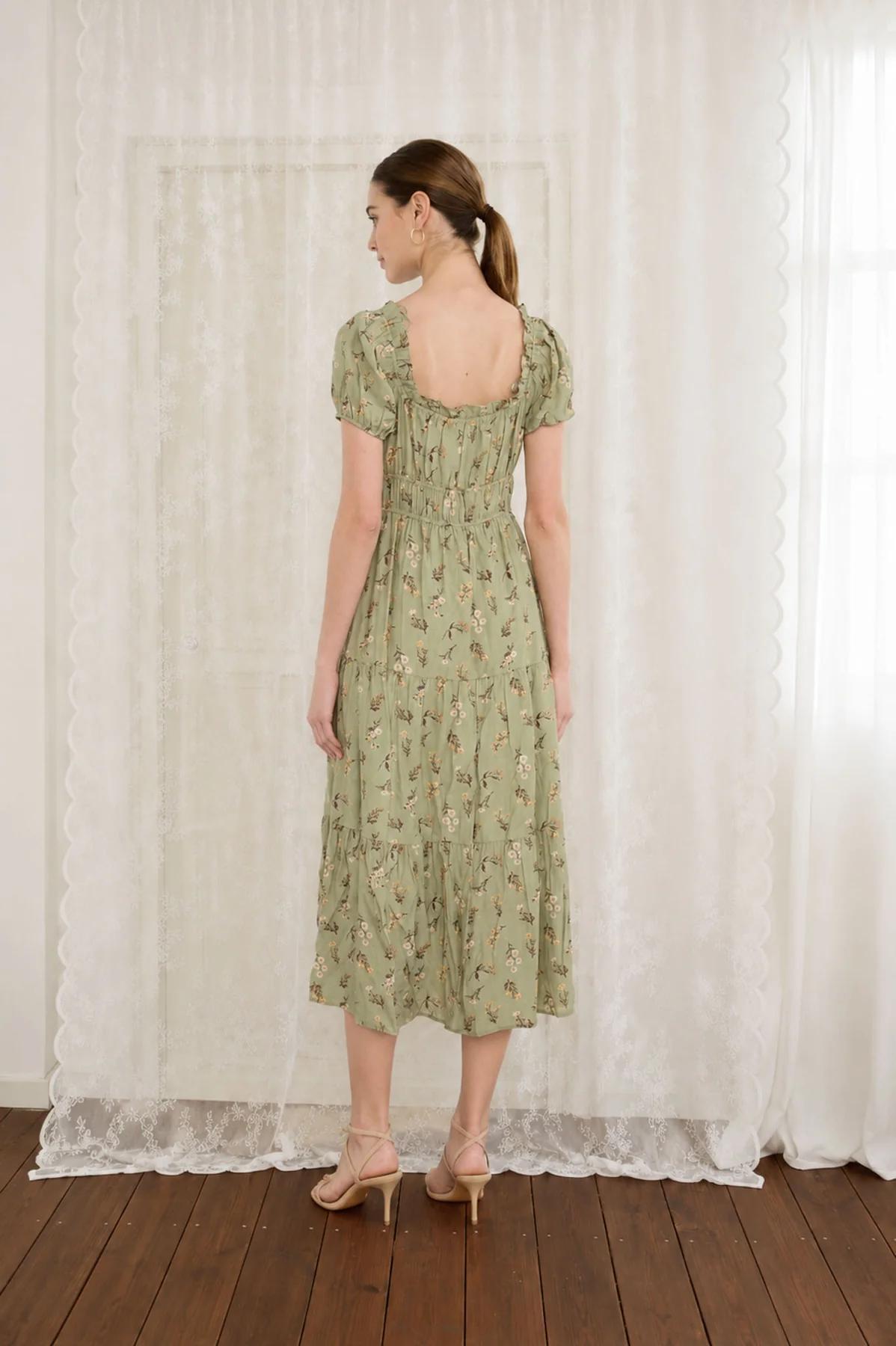 OLIVE FLORAL PRINT RUFFLE TIERED PUFF SLEEVE MIDI DRESS